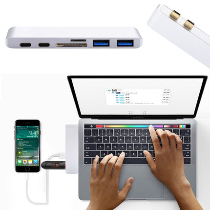 6 in 1 Multi-function Aluminium Alloy 5Gbps Transfer Rate Dual USB-C / Type-C HUB Adapter with 2 USB 3.0 Ports & 2 USB-C / Type-C Ports & SD Card Slot & TF Card Slot for Macbook 2015 / 2016 / 2017(Silver)-garmade.com