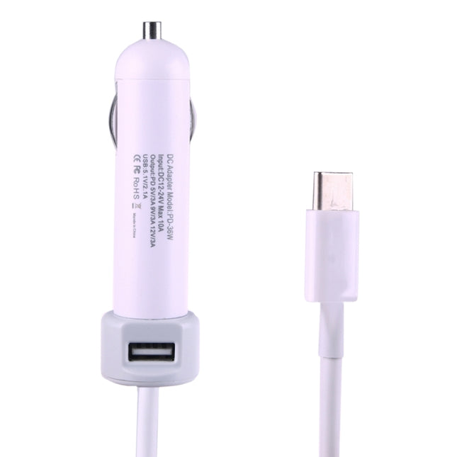 36W 5V 9V 12V 15V 3A DC USB-C / Type-C Car Adapter with 1 USB Port for Apple Macbook A1534, Length: 2m(White)-garmade.com
