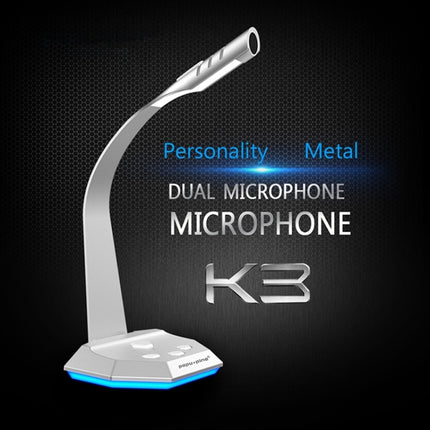 K3 Desktop Omnidirectional USB Wired Dual Mic Condenser Microphone with LED Night Light, Compatible with PC / Mac for Live Broadcast, Show, KTV, etc(Silver)-garmade.com