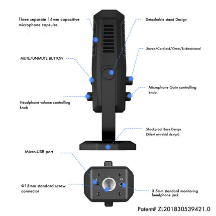 Yanmai SF-900 Multi-function Four Directivity Studio Recording Condenser Microphone with Desktop Stand(Black)-garmade.com