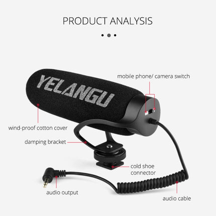 YELANGU MIC08 Video Shotgun Microphone with 3.5mm Audio Cable for DSLR & DV Camcorder(Black)-garmade.com