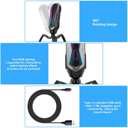 Yanmai T1 360-degree Free Rotation Cardioid Pointing Condenser Gaming Microphone with RGB Colorful Lighting & Pluggable USB-C / Type-C Cable, Cable Length: 1.7m-garmade.com