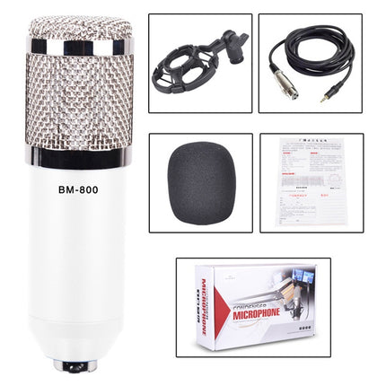 BM-800 3.5mm Studio Recording Wired Condenser Sound Microphone with Shock Mount, Compatible with PC / Mac for Live Broadcast Show, KTV, etc.(White)-garmade.com