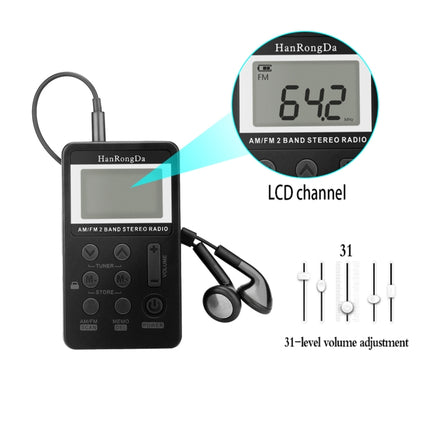 Portable AM / FM Two Bands Rechargeable Stereo Radio Mini Receiver with & LCD Screen & Earphone Jack & Lanyard (Black)-garmade.com