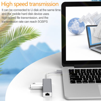 USB-C / Type-C to Fast Ethernet RJ45 & 3 x USB 3.0 Adapter Converter HUB(Grey)-garmade.com