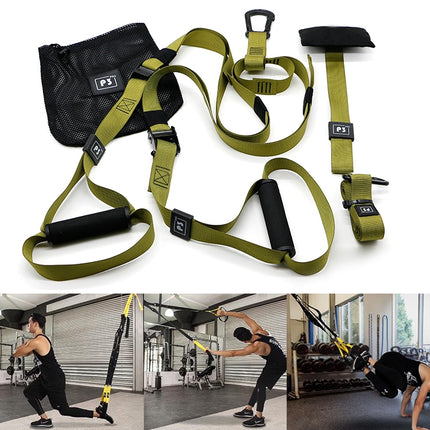 P3-2 Adjustable Fitness Exercise Hanging Pulling Rope TRP3X Wall Pulley Yoga Belt, Main Belt: 1.4m, 1.9m After Adjusted, Sports Version(Army Green)-garmade.com