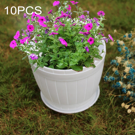 10 PCS Imitation Wooden Barrel Plastic Resin Flower Pot with Tray, Top Diameter: 9cm, Height: 6.5cm(White)-garmade.com