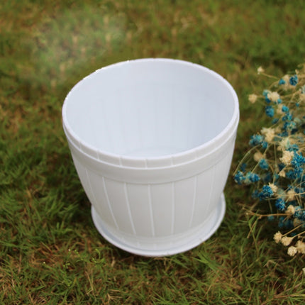 10 PCS Imitation Wooden Barrel Plastic Resin Flower Pot with Tray, Top Diameter: 9cm, Height: 6.5cm(White)-garmade.com