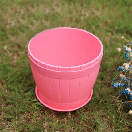 10 PCS Imitation Wooden Barrel Plastic Resin Flower Pot with Tray, Top Diameter: 19cm, Height: 16.5cm(Pink)-garmade.com
