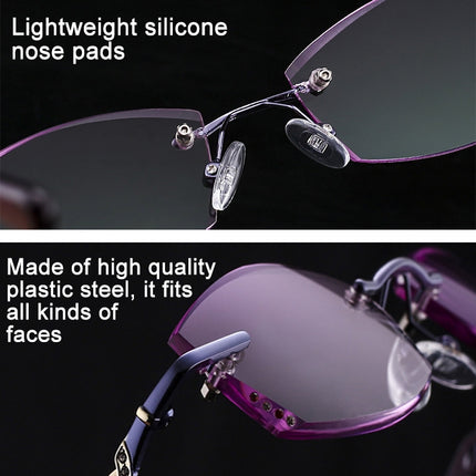 Women Rimless Rhinestone Trimmed Purple Presbyopic Glasses, +2.00D-garmade.com