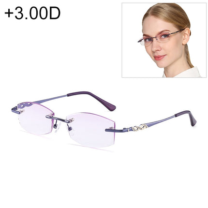 Women Rimless Rhinestone Trimmed Purple Presbyopic Glasses, +3.00D-garmade.com