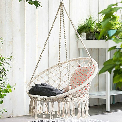 Indoor Single Cotton Rope Woven Swing Chair (Beige)-garmade.com