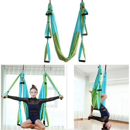 6 Handles Bodybuilding Handstand Inelasticity Aerial Yoga Hammock(Blue Green)-garmade.com