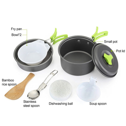 Aotu AT6385 Outdoor Camping Tableware Pots Cookwear Set for 1-2 Person(Green)-garmade.com