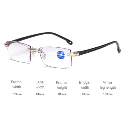 Rimless Anti Blue-ray Blue Film Lenses Presbyopic Glasses, +3.50D(Black)-garmade.com