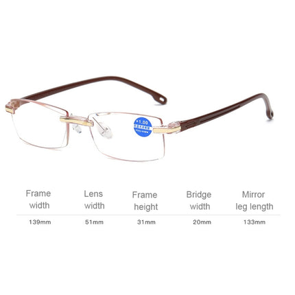 Rimless Anti Blue-ray Blue Film Lenses Presbyopic Glasses, +4.00D(Brown)-garmade.com