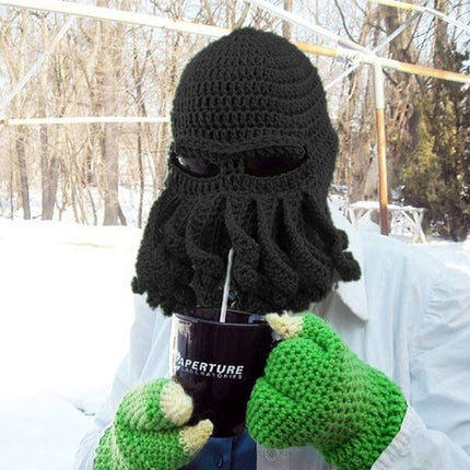 Amurleopard Unisex Barbarian Knit Beanie Octopus Tentacle Cap Winter Warm Face Mask Crochet Hat(Black)-garmade.com