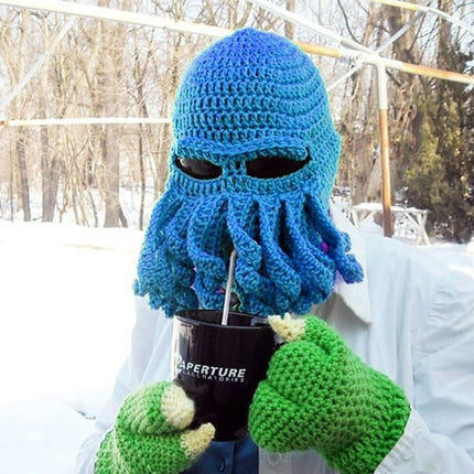 Amurleopard Unisex Barbarian Knit Beanie Octopus Tentacle Cap Winter Warm Face Mask Crochet Hat(Blue)-garmade.com
