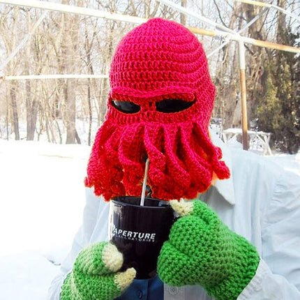 Amurleopard Unisex Barbarian Knit Beanie Octopus Tentacle Cap Winter Warm Face Mask Crochet Hat(Red)-garmade.com