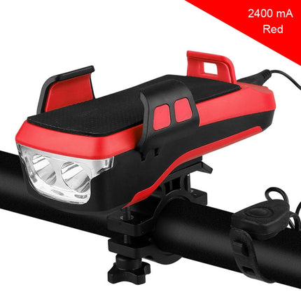 USB Charging Bicycle Light Front Handlebar Led Light ， with Holder & Electric Horn，2400mAh Battery(Red)-garmade.com