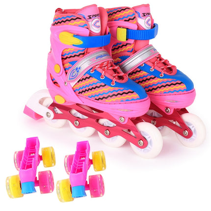 Children Full-flash White Double-row Roller Skates Skating Shoes, Straight Row+Double Row Wheel, Size : S(Pink)-garmade.com