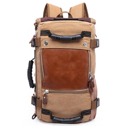 KAKA 0208 Men Canvas Stitched Leather Backpack, Size: 48 x 30 x 18cm (Khaki)-garmade.com
