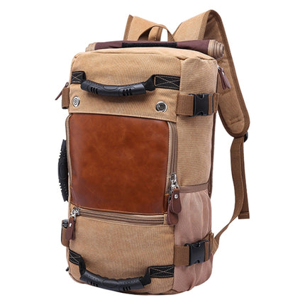 KAKA 0208 Men Canvas Stitched Leather Backpack, Size: 48 x 30 x 18cm (Khaki)-garmade.com