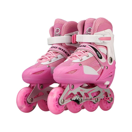 Oushen Adjustable Full Flash Children Single Four-wheel Roller Skates Skating Shoes Set, Size : L(Pink)-garmade.com