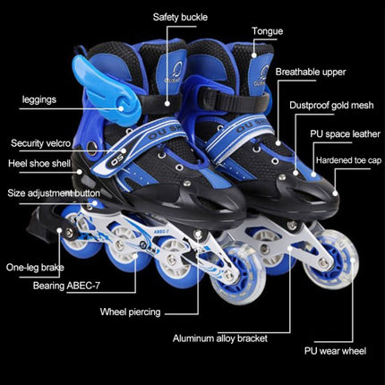 Oushen Adjustable Full Flash Children Single Four-wheel Roller Skates Skating Shoes Set, Size : L(Blue)-garmade.com