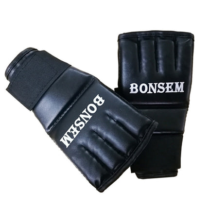 BONSEM Half Fingers PU Leather Adults Sandbag Training Boxing Gloves(Black)-garmade.com