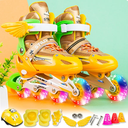 Adjustable Children Full Flash Single Four-wheel Roller Skates Skating Shoes Set, Size : M (Gold)-garmade.com