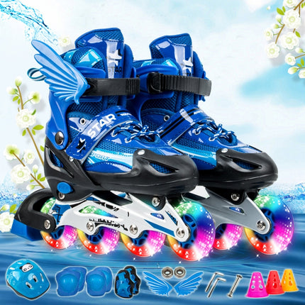 Adjustable Children Full Flash Single Four-wheel Roller Skates Skating Shoes Set, Size : M (Blue)-garmade.com