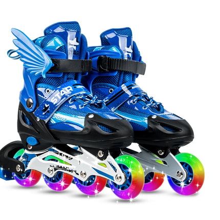 Adjustable Children Full Flash Single Four-wheel Roller Skates Skating Shoes Set, Size : M (Blue)-garmade.com