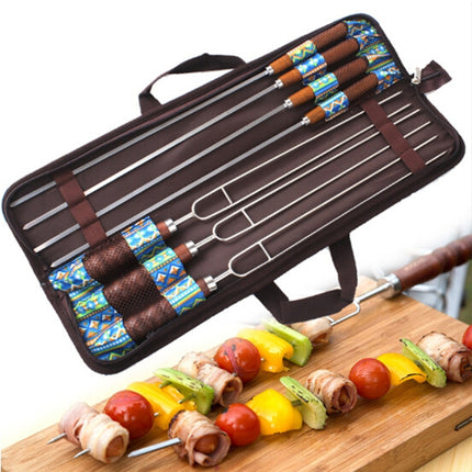 Outdoor Picnic Stainless Steel BBQ Bake Needle Barbecue Fork U-shaped Environmental Wooden Handle 7 Piece Set-garmade.com