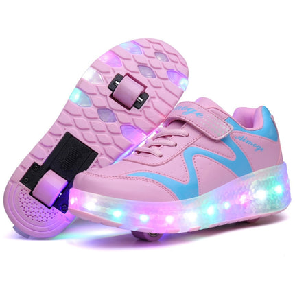 786 LED Light Ultra Light Rechargeable Double Wheel Roller Skating Shoes Sport Shoes, Size : 27(Pink)-garmade.com