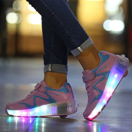 786 LED Light Ultra Light Rechargeable Double Wheel Roller Skating Shoes Sport Shoes, Size : 33(Pink)-garmade.com