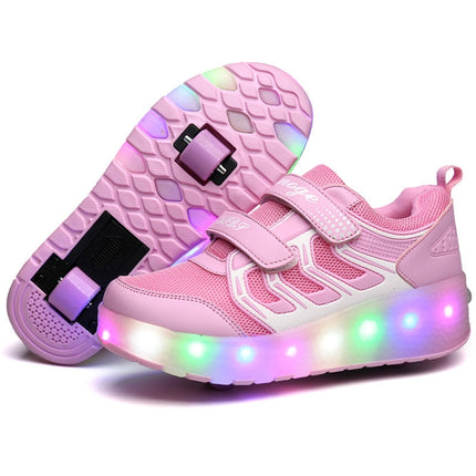 WS01 LED Light Ultra Light Mesh Surface Rechargeable Double Wheel Roller Skating Shoes Sport Shoes, Size : 27(Pink)-garmade.com