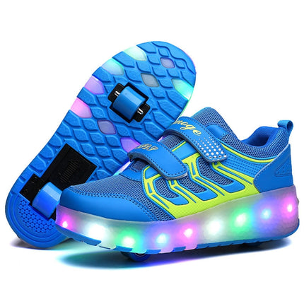 WS01 LED Light Ultra Light Mesh Surface Rechargeable Double Wheel Roller Skating Shoes Sport Shoes, Size : 27(Blue)-garmade.com
