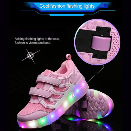 WS01 LED Light Ultra Light Mesh Surface Rechargeable Double Wheel Roller Skating Shoes Sport Shoes, Size : 28(Black)-garmade.com