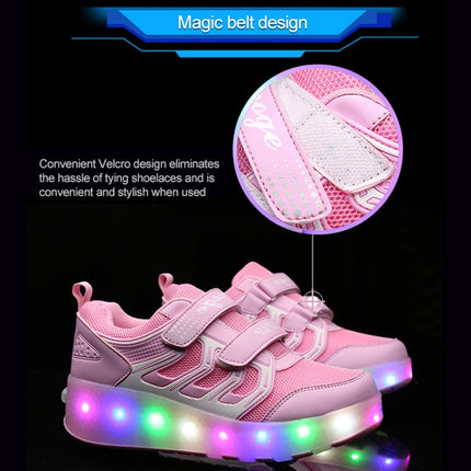 WS01 LED Light Ultra Light Mesh Surface Rechargeable Double Wheel Roller Skating Shoes Sport Shoes, Size : 28(Black)-garmade.com