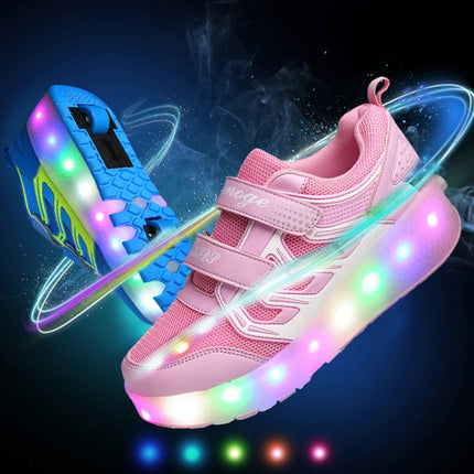 WS01 LED Light Ultra Light Mesh Surface Rechargeable Double Wheel Roller Skating Shoes Sport Shoes, Size : 28(Pink)-garmade.com