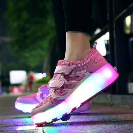WS01 LED Light Ultra Light Mesh Surface Rechargeable Double Wheel Roller Skating Shoes Sport Shoes, Size : 29(Pink)-garmade.com