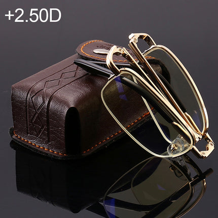 Folding Anti Blue-ray Presbyopic Reading Glasses with Case & Cleaning Cloth, +2.50D(Gold)-garmade.com