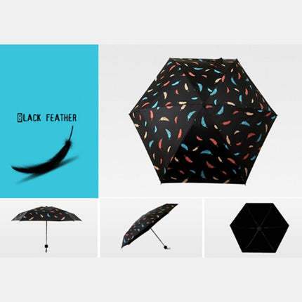Three Folding Ultralight Umbrella, Women Waterproof Anti-UV (Black Feather Pattern)-garmade.com