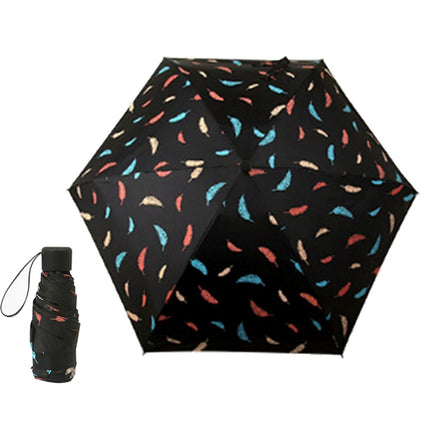 Five Folding Ultralight Umbrella, Women Waterproof Anti-UV (Black Feather Pattern)-garmade.com