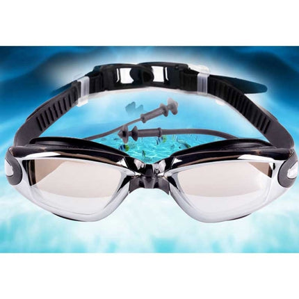 Electroplating Anti-fog Silicone Swimming Goggles with One-piece Ear Plugs for Adults(Black)-garmade.com