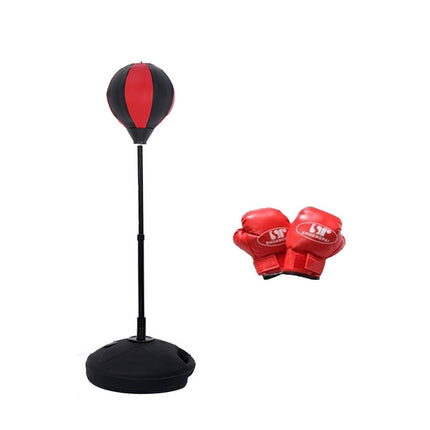 Children Base Version Height Adjustable Vertical PU Leather Vent Ball Boxing Speed Ball Family Fitness Equipment with Gloves(Black Red)-garmade.com