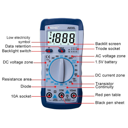 ANENG A830L Handheld Multimeter Household Electrical Instrument(Blue Yellow)-garmade.com