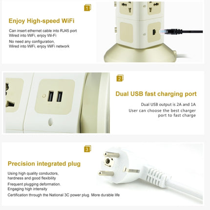 VONETS WiFi-SB-L3 3 Layers with 8 Outlets + 2 USB Ports + RJ45 Port 300Mbps WiFi Repeater Smart Power Sockets, EU Plug, Cable Length: 2m(Gold)-garmade.com