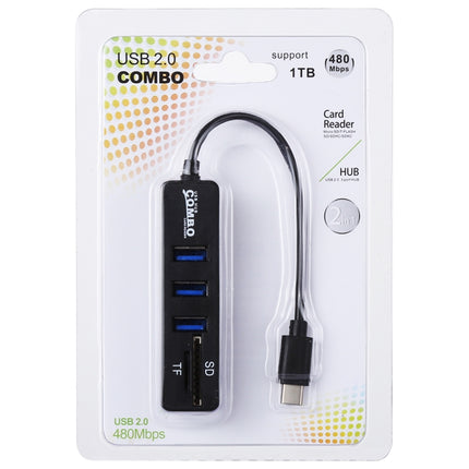2 in 1 TF & SD Card Reader + 3 x USB Ports to USB-C / Type-C HUB Converter, Total Length: 24cm(Black)-garmade.com